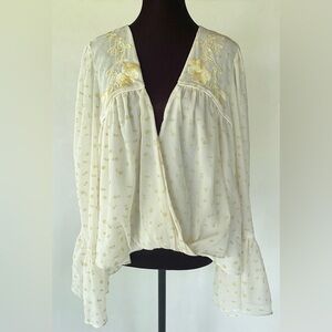 FREE PEOPLE Embroidered Bell Sleeve Ivory/Yellow Blouse Sz L Boho Fairy Festival